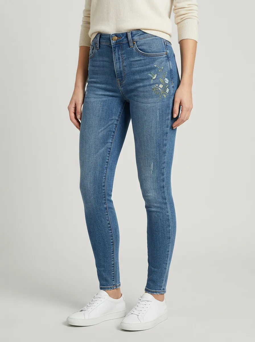 Women's Floral Hummingbird Embroidered Printed Slim Jeans