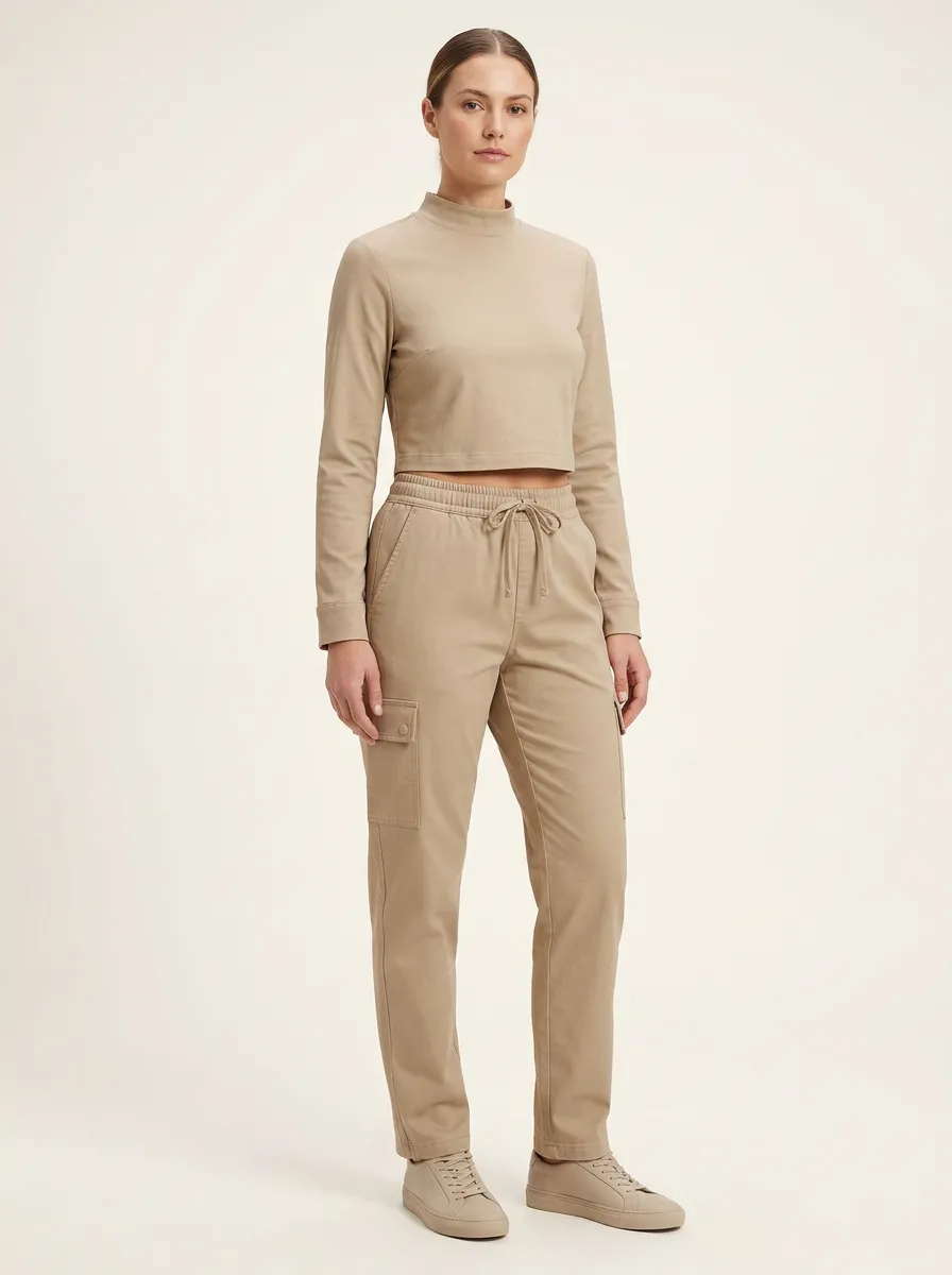 Women's Mock-Neck Crop Top and Drawstring Straight-Leg Cargo Pant Set