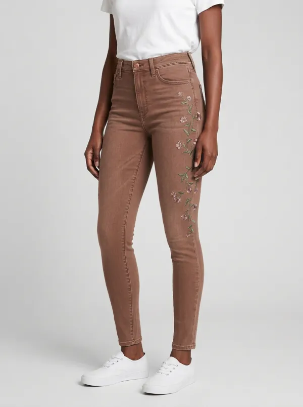 Women's Ridge Floral Pink Flower Embroidered Graphic Slim Jeans