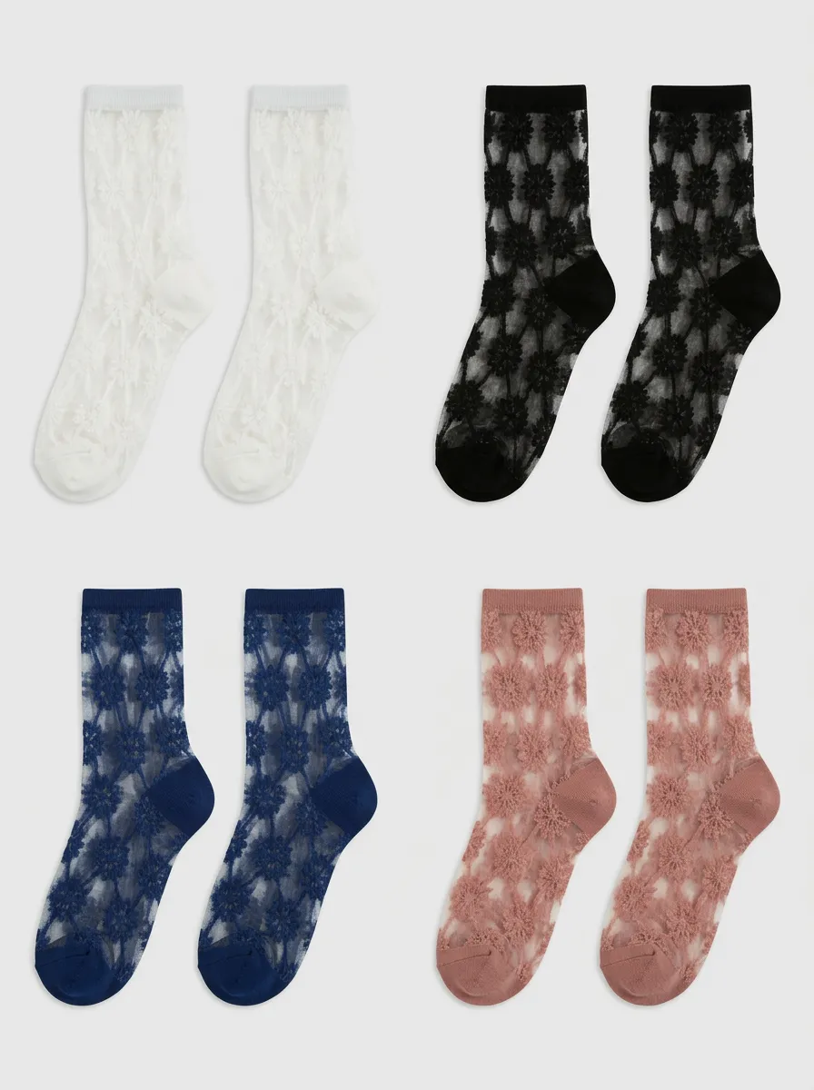 Women's Floral Pattern Sheer Mesh Printed Socks 4-Pack