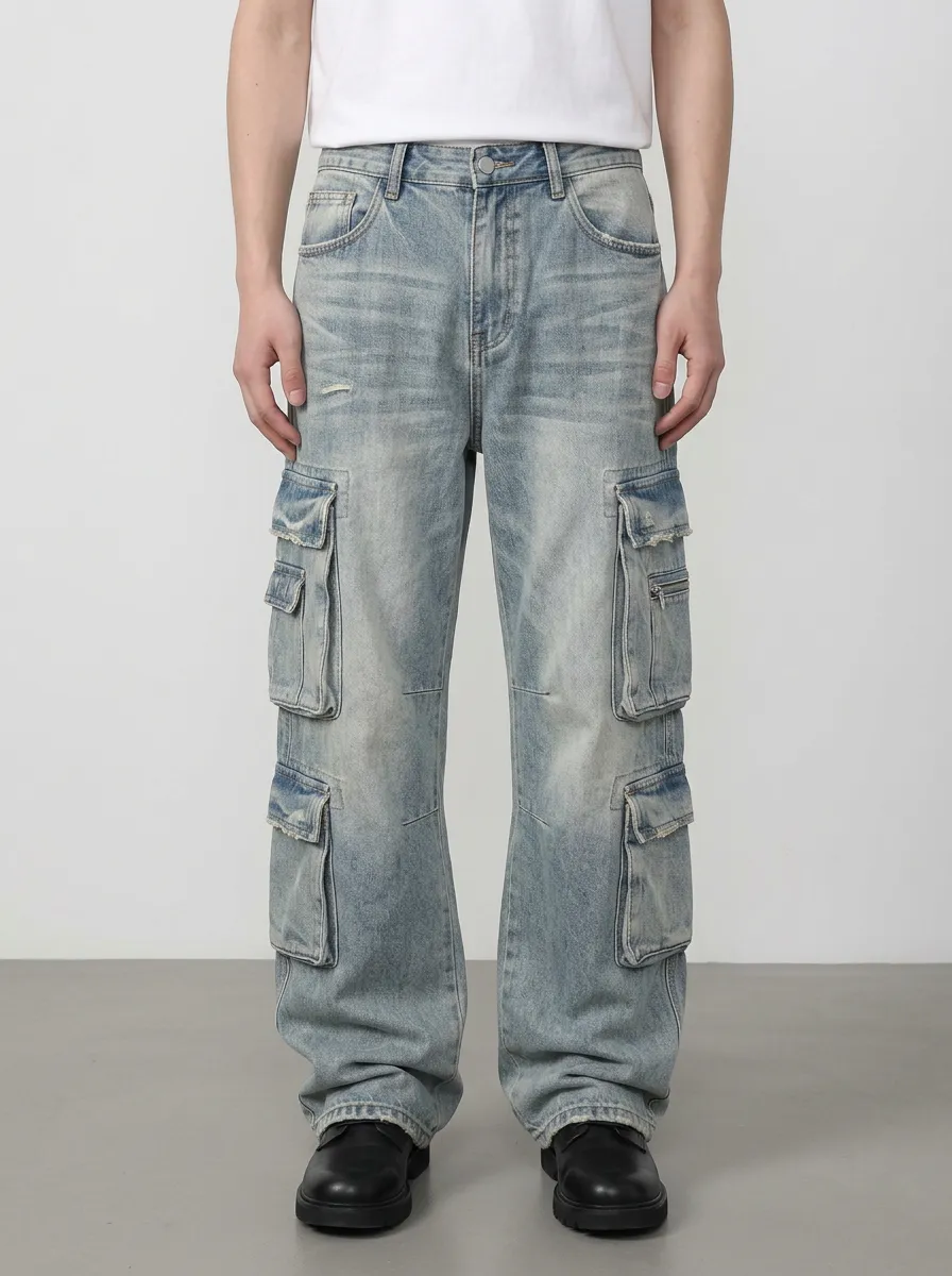 Men's Streetwear Vintage Washed Denim Multi-Pocket Cargo Pants