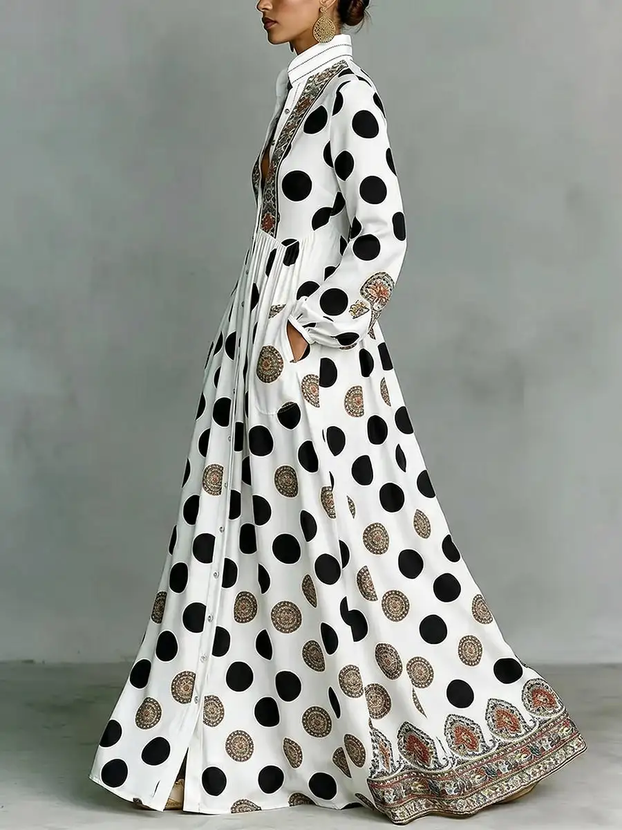 Pleated Polka Dot Buttoned Long Maxi Dress
