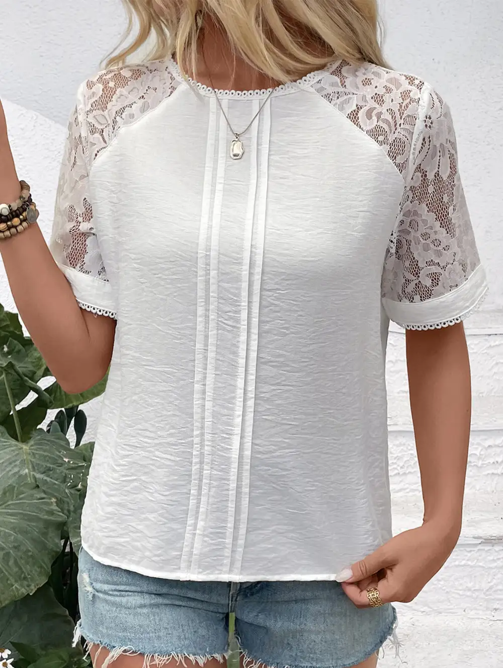 Crew Neck Lace Trimmed Pullover Blouse