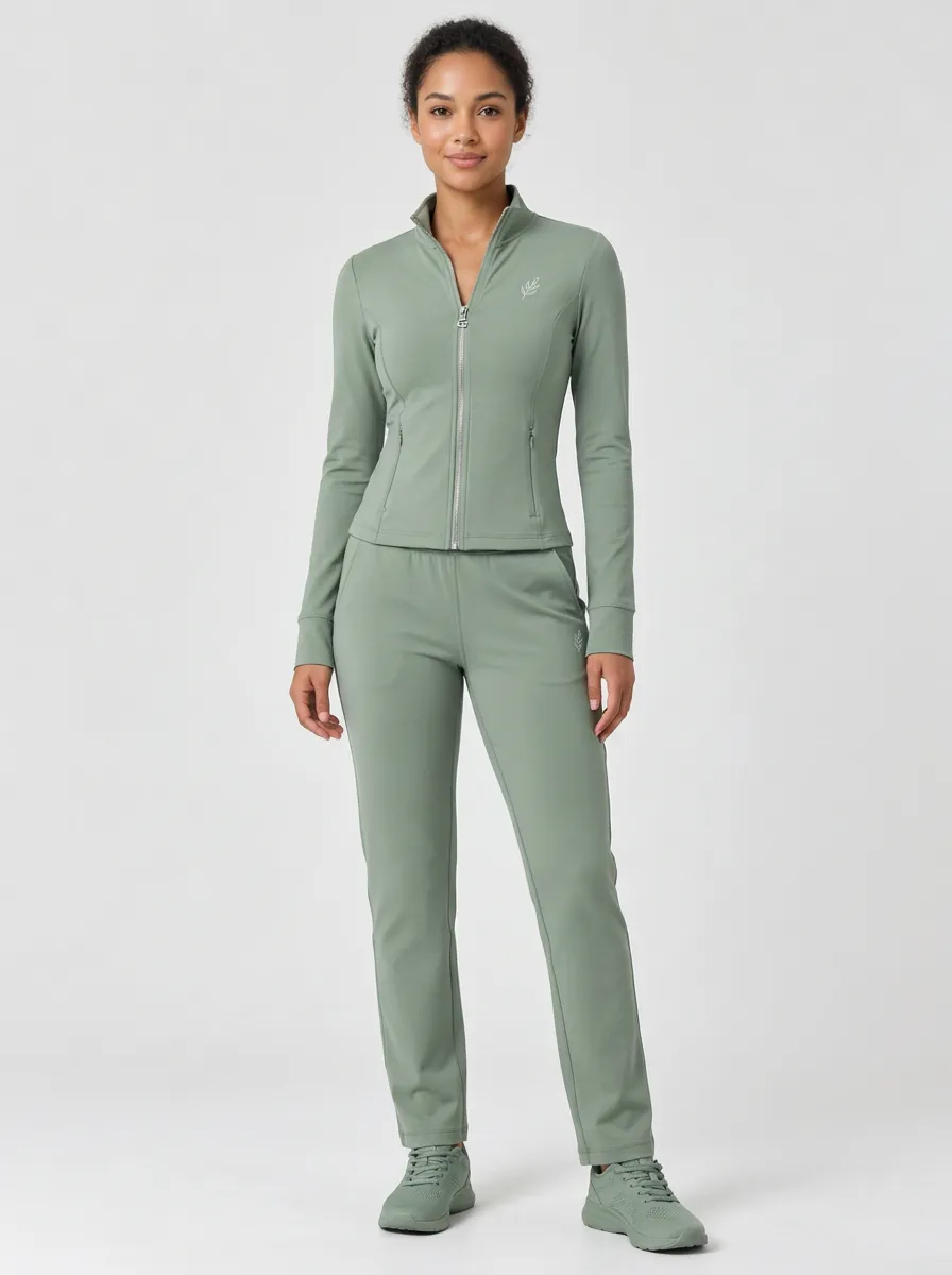 Women's Sage Green Straight-Leg Zip-Up Jacket & Trouser Set
