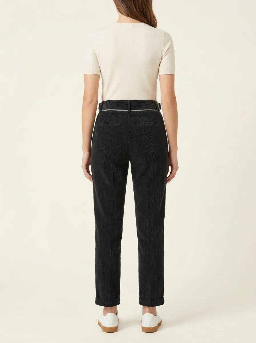 Women's Cuffed-Hem Contrast-Piping Corduroy Straight-Leg Pants