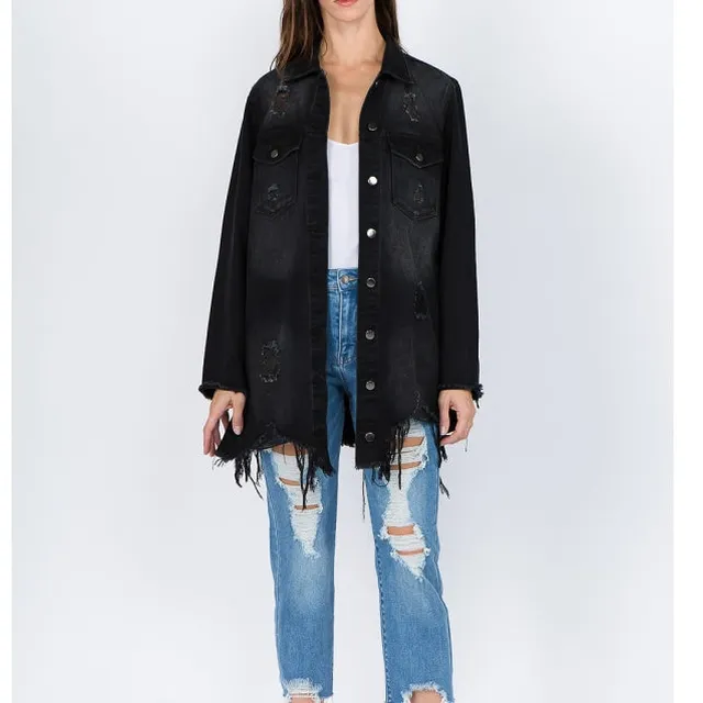 Distressed Frayed Hem Denim Jacket