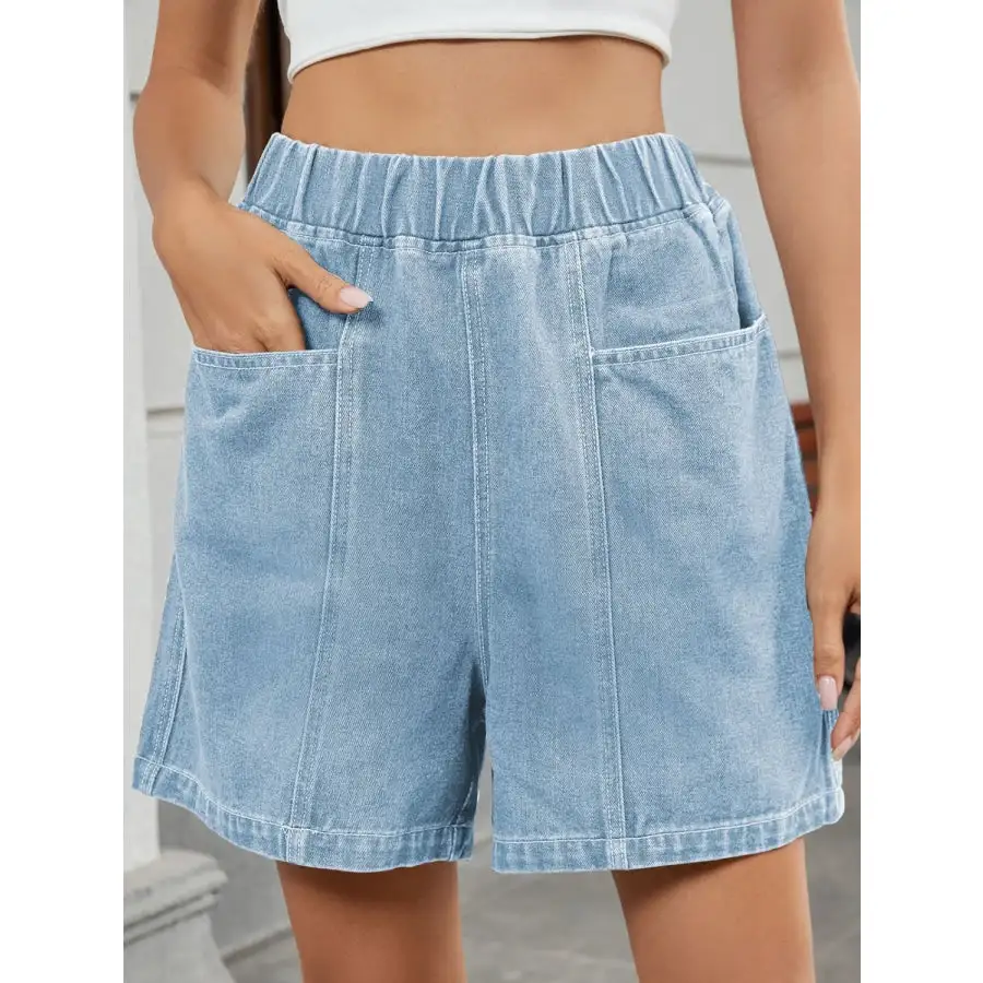 Elastic Waist Pocketed Denim Shorts