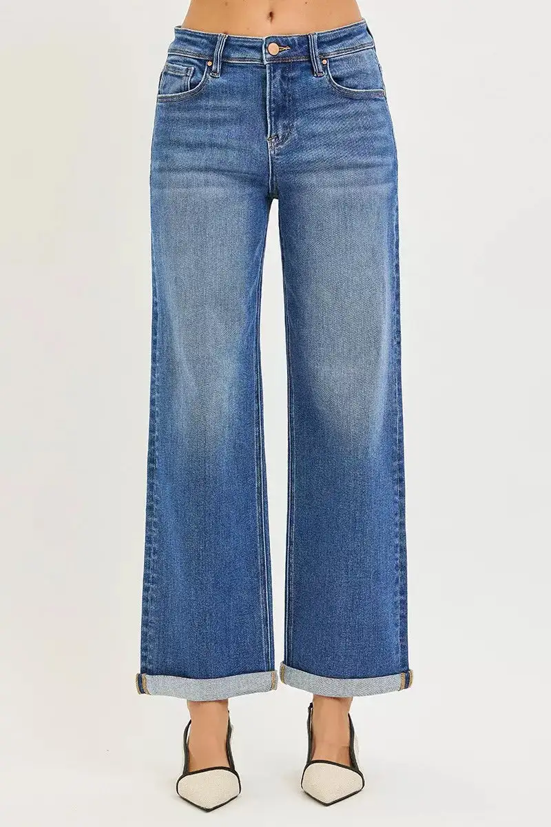 High Rise Cuffed Hem Straight Leg Jeans