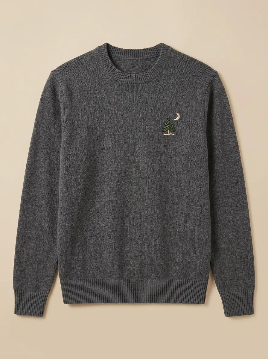 Men's Pine Moon Embroidered Fine-Knit Crewneck Sweater