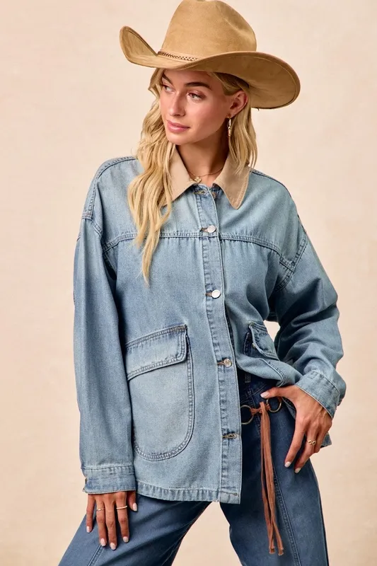 Washed Denim Jacket with Contrast Collar Detail