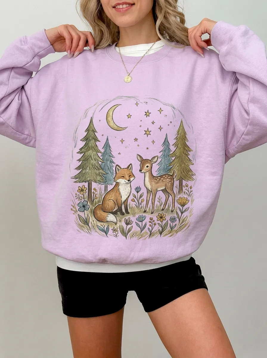 Women's Nature Fox and Deer Forest Graphic Sweatshirt