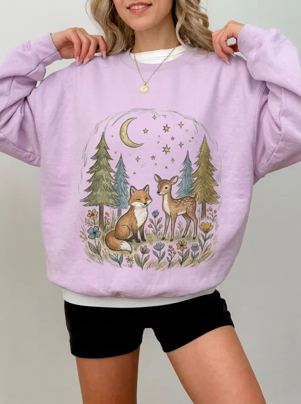 Women's Nature Fox and Deer Forest Graphic Sweatshirt