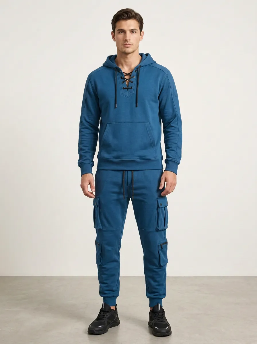 Core Lace-Up Multi Pocket Silhouette Men's Lace Up Hoodie And Cargo Jogger Set