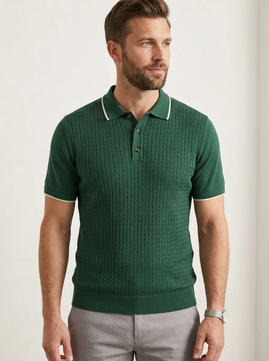 Men's Green Cable Knit Textured Polo Shirt