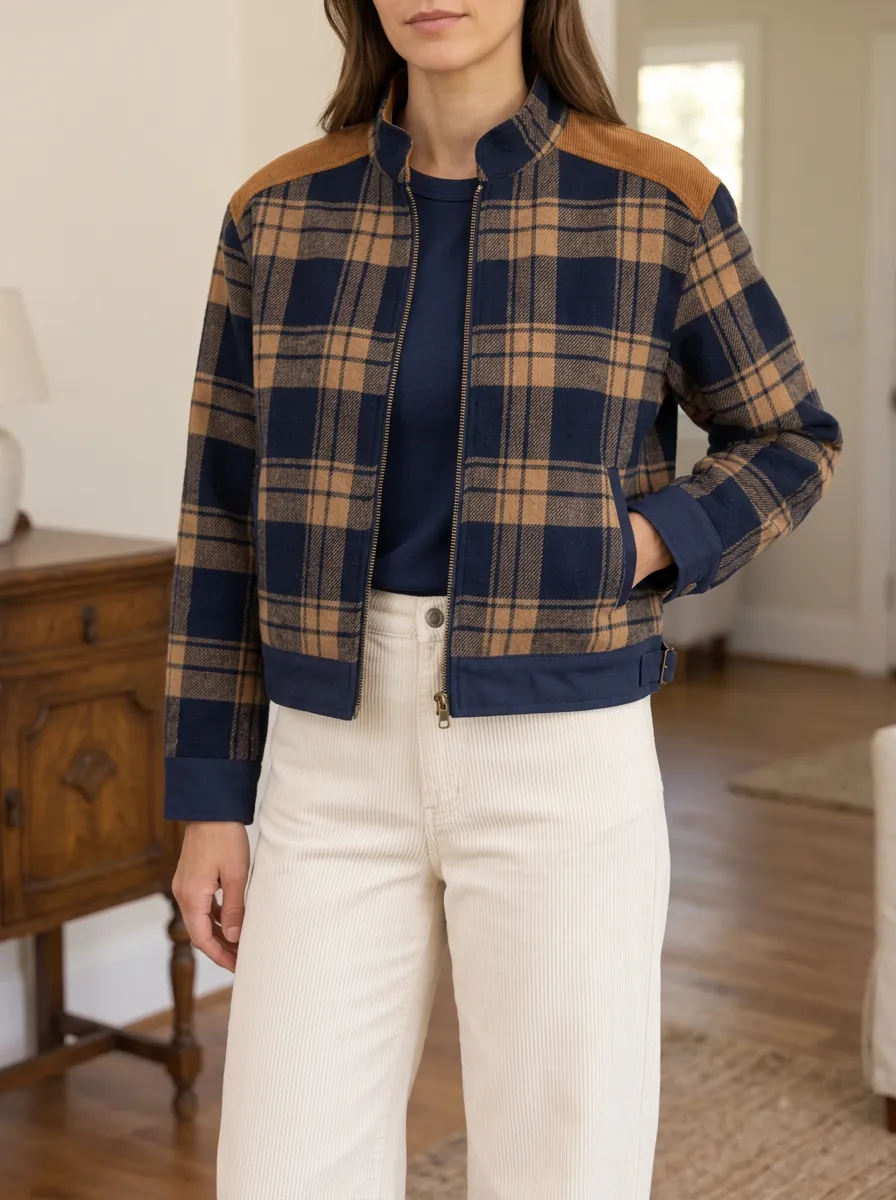 Women's Textured Layered Plaid Stand Collar Cropped Jacket
