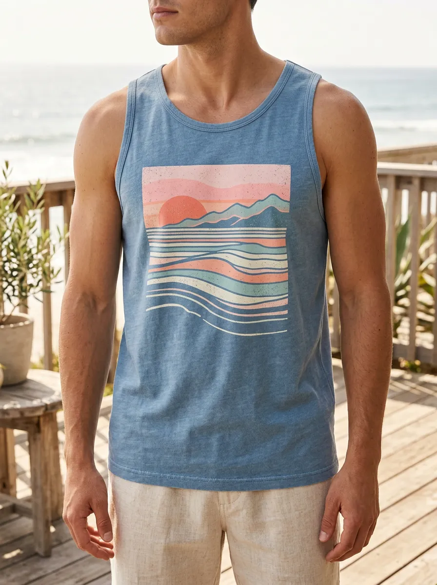 Men's Beach Retro Sunset Mountain Tank Top