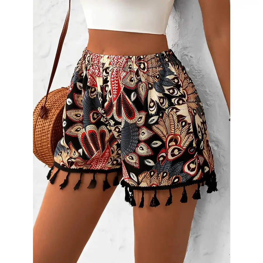 Paisley Print Tassel Hem Shorts