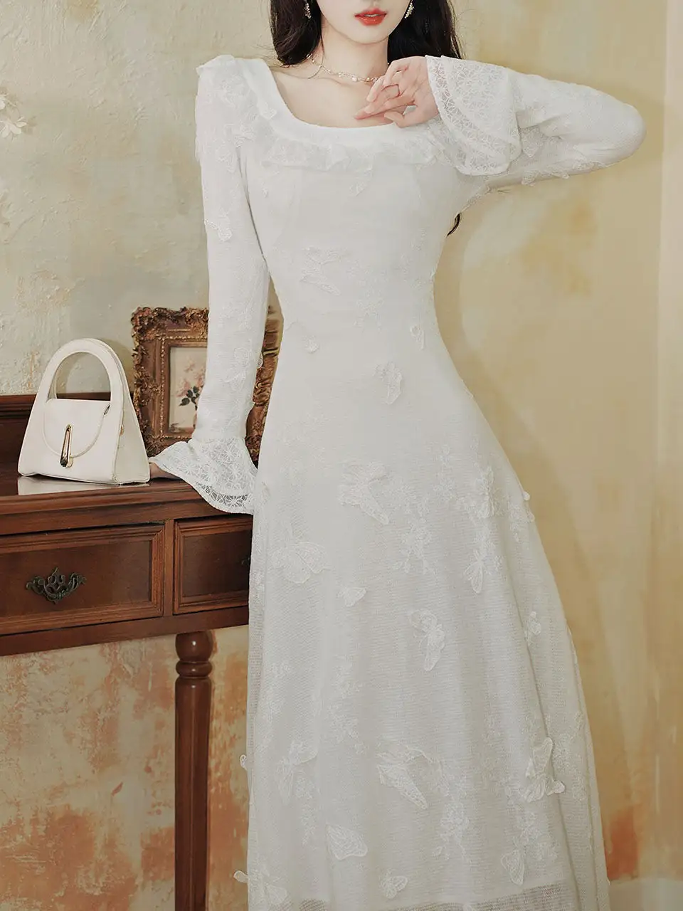 Butterfly Square Neck Wedding Romantic Maxi Dress