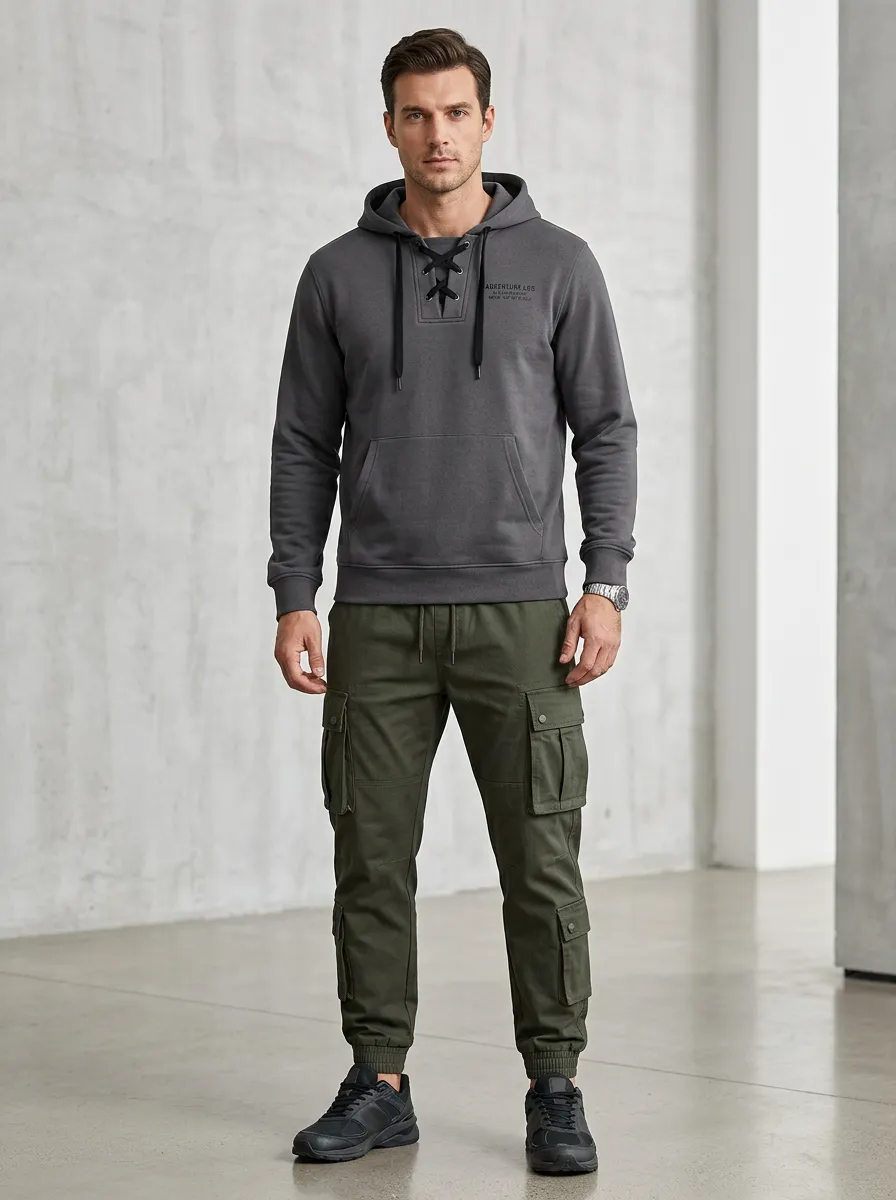 Trail-Inspired Lace-Up Multi Pocket Silhouette Men's Lace Up Hoodie And Cargo Jogger Set