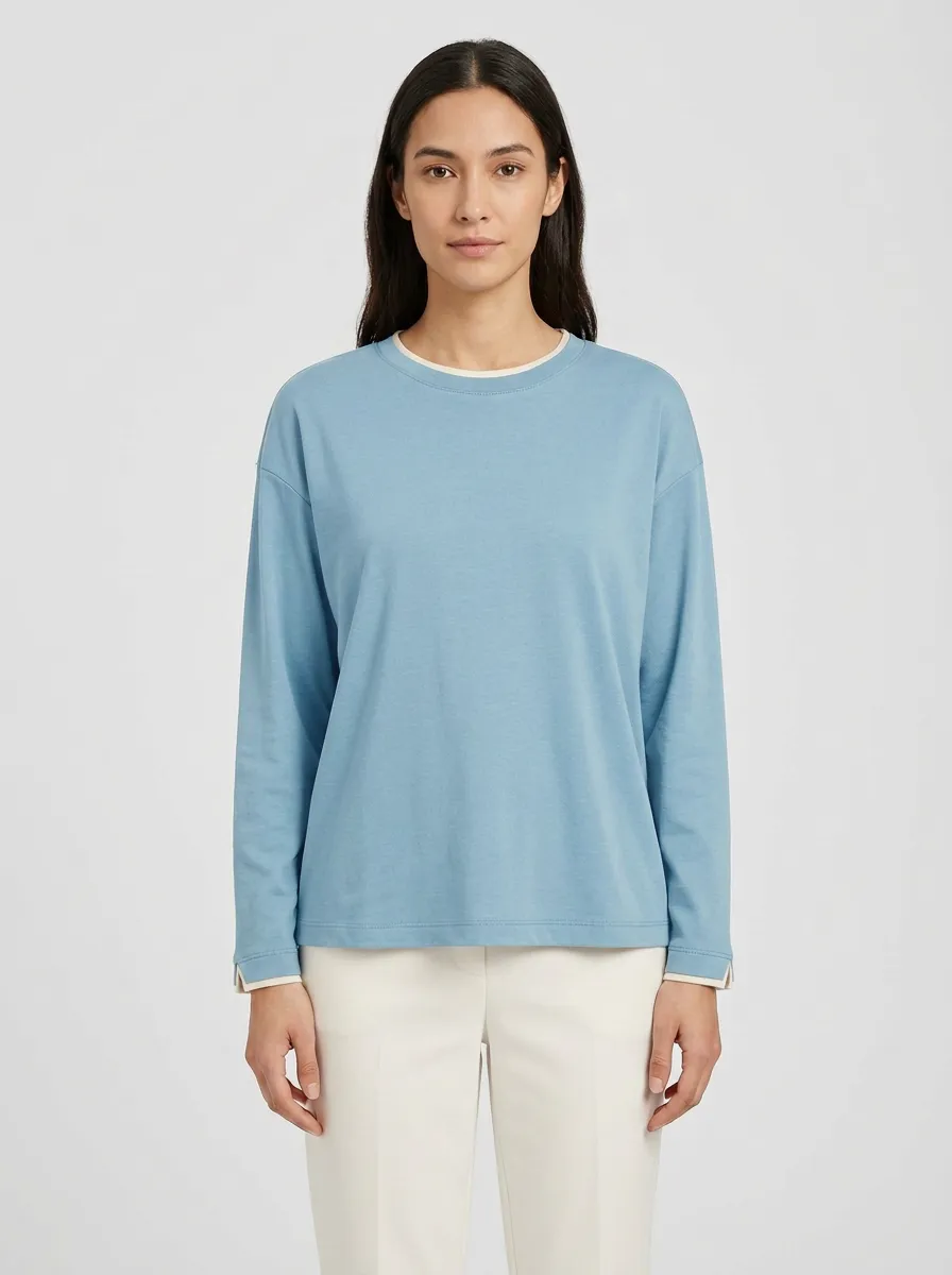 Women's Contrast Trim Long-Sleeve Crew-Neck