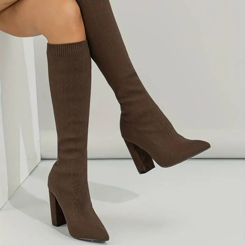 Knit Knee High Sock Boots High Heeled Stretch Boots  Outfits