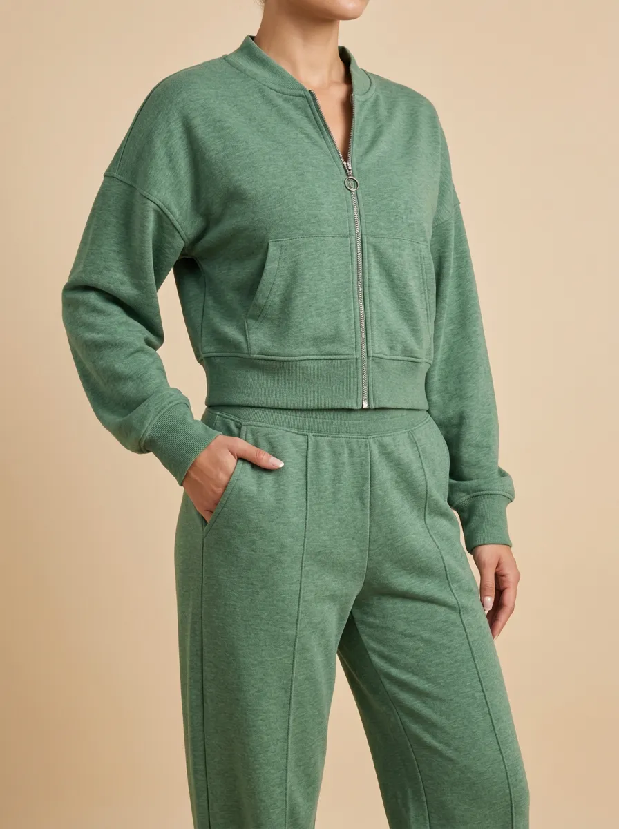 Everyday Zip Front Cropped Relaxed Fit Women's Long Sleeve Tracksuit Set
