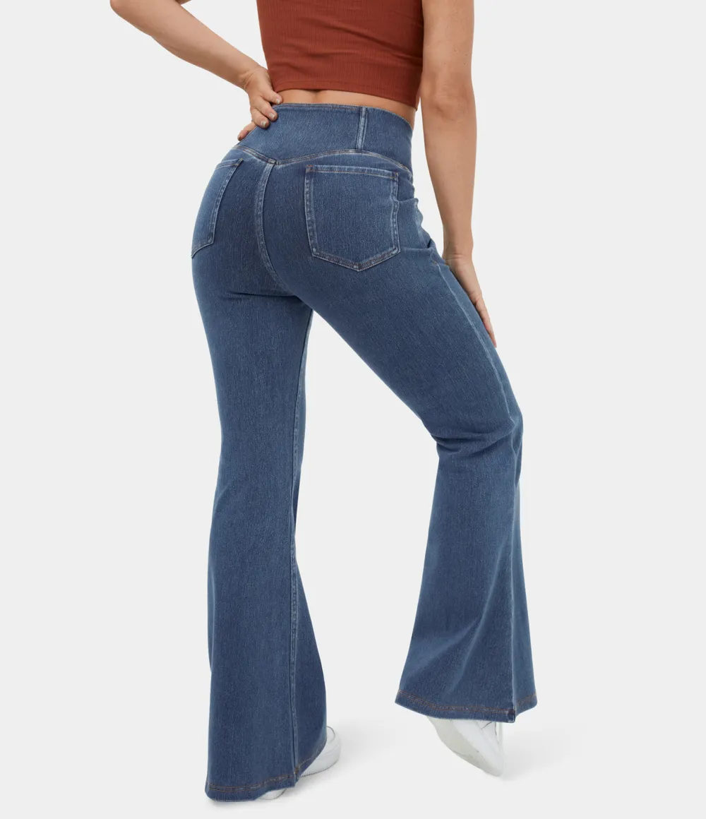Magic High Waisted Crossover Pocket Washed Stretchy Knit Casual Super Flare Jeans