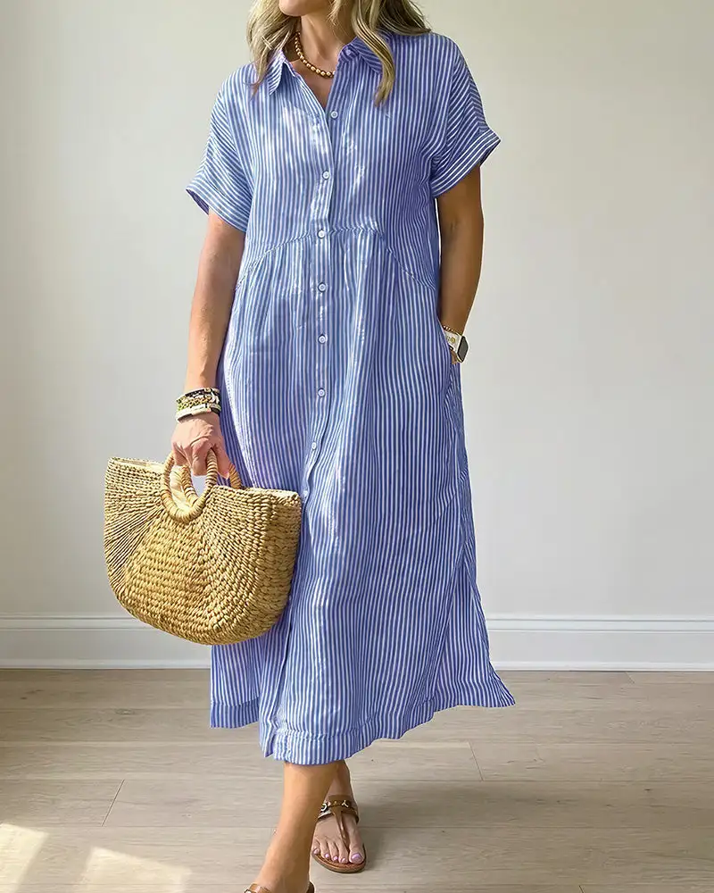 Casual Striped Short Sleeve Cotton Linen Shirt Midi Dress