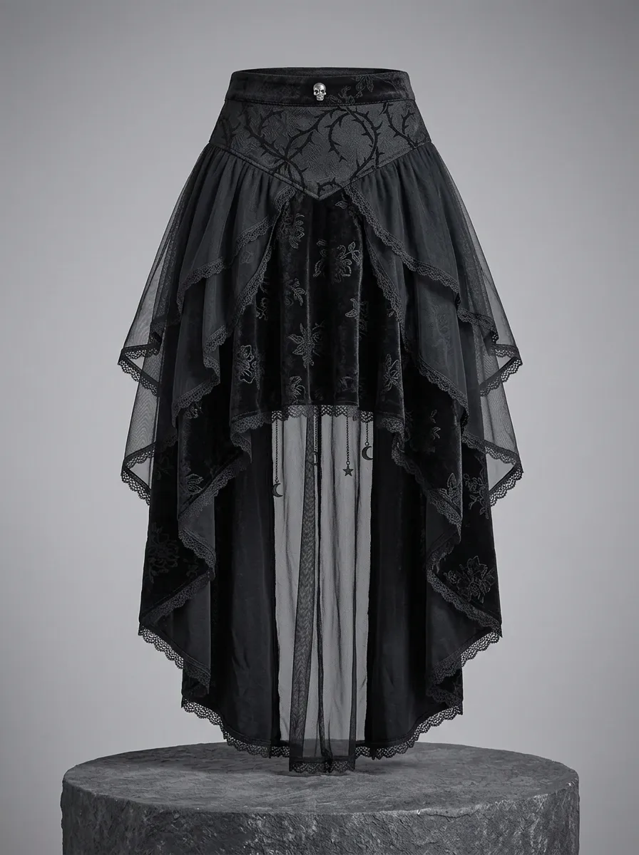 Noir Moon Floral Lace Silhouette Women's Gothic High-Low Skirt