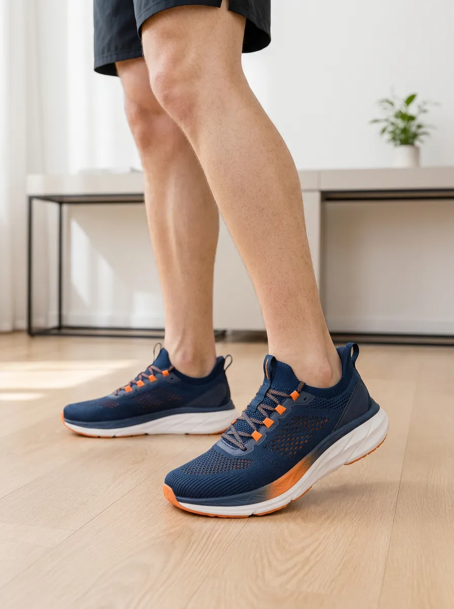 Men's Navy Blue Orange Mesh Breathable Printed Running Shoes