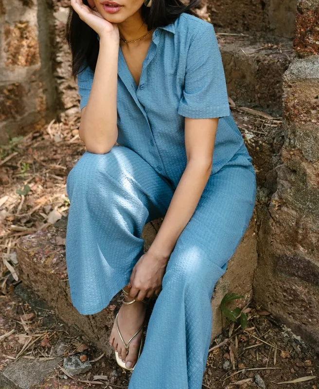 Wildflower Blue Seersucker Matching Set with Oversized Shirt & Pants