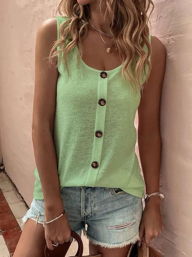 Women's Tank Top Black White Light Green Plain Button Sleeveless Casual Basic U Neck Regular S