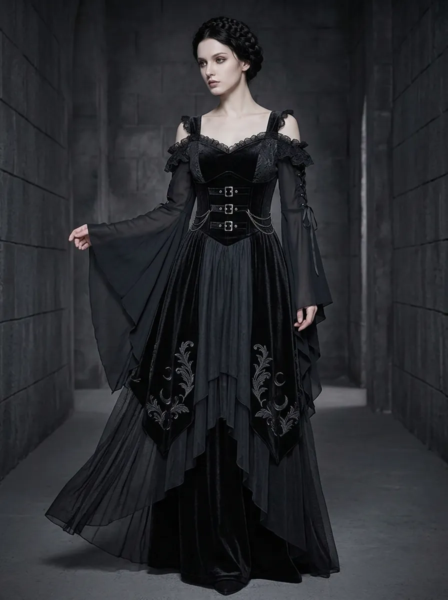 Dark Romantic Moon Floral Velvet Statement Women's Gothic Dress