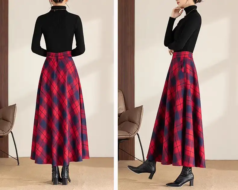 Plaid Wool A Line Maxi Skirt
