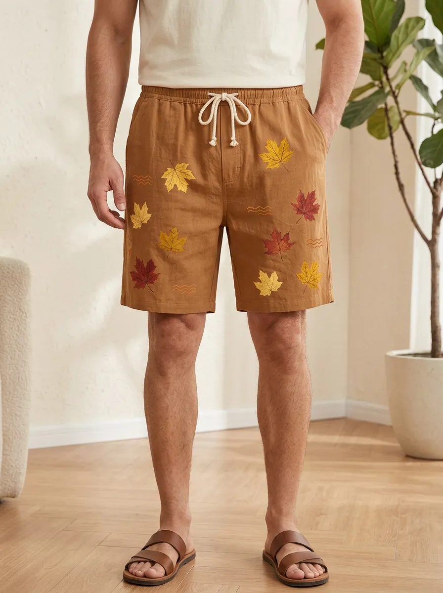 Tan Leaf-embroidered Drawstring Drawstring Shorts