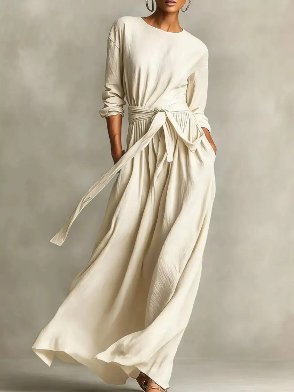 Relaxed Shape Tie Waist Long Sleeve Maxi Dress