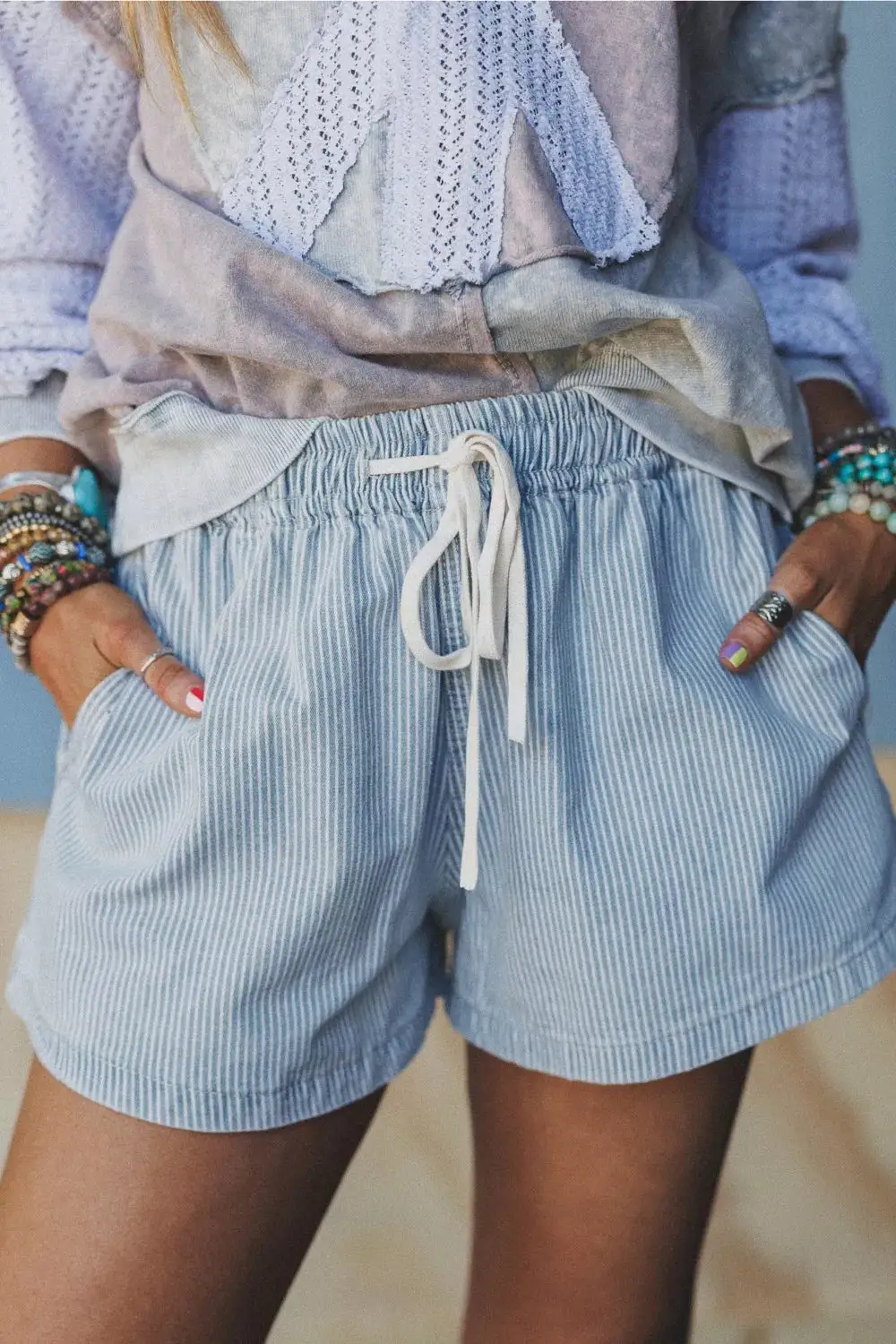 Striped Drawstring Pocketed Casual Shorts