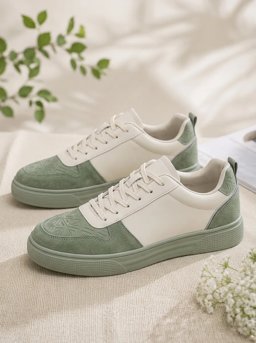 Men's Geometric Pattern Sage Green Suede Printed Sneakers