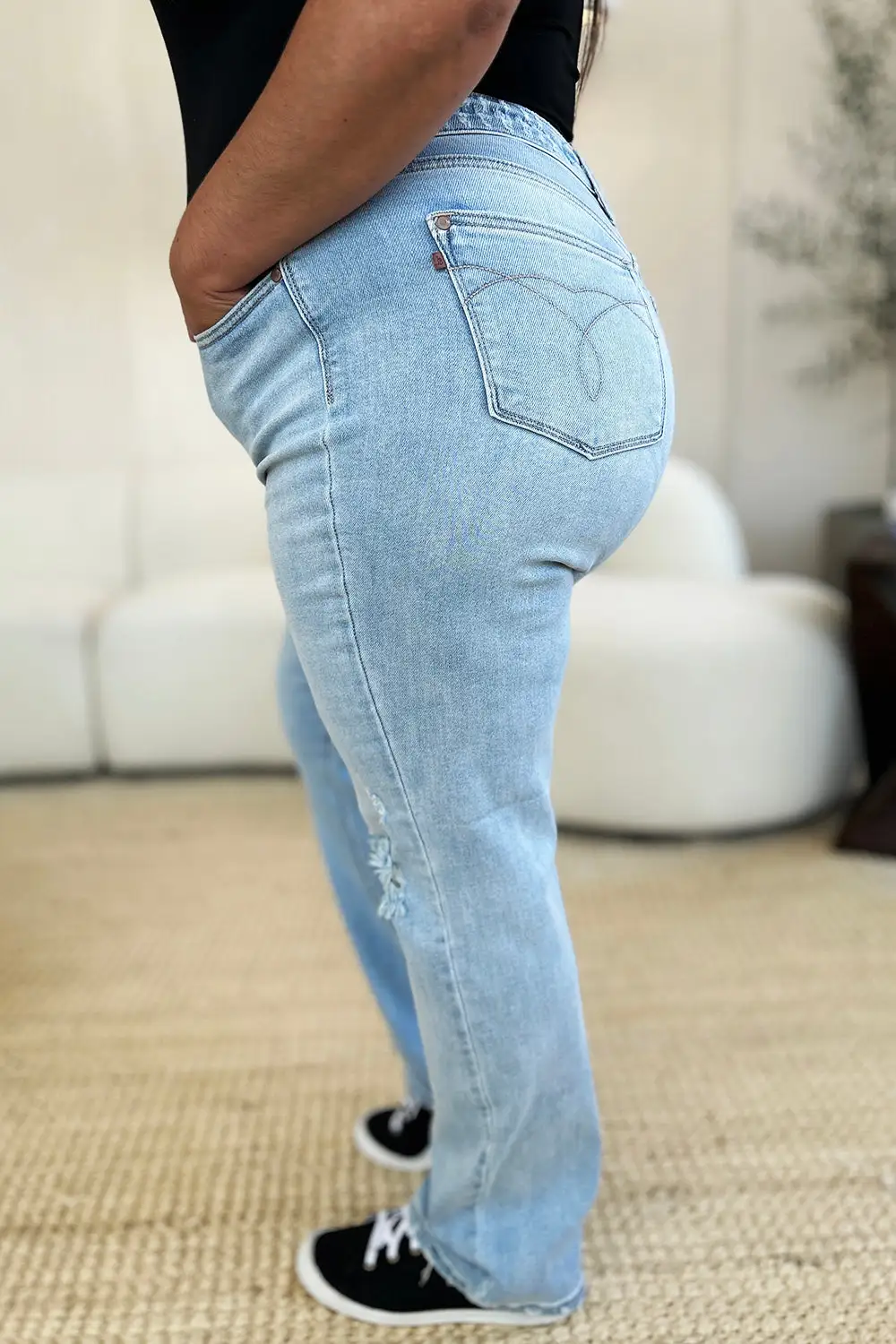 High Waist Distressed Straight Denim Jeans