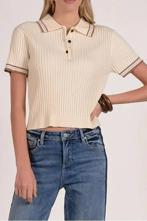 Beige Ribbed Knit Polo Short Sleeve Top