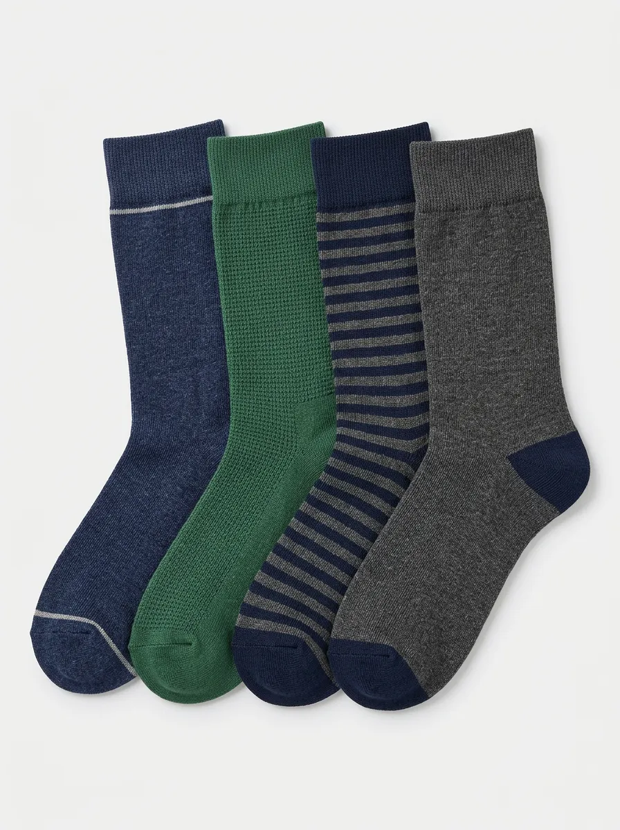 Men's Crew Socks Four-Pair Pack with Striped Heathered Texture Ribbed Texture Textured