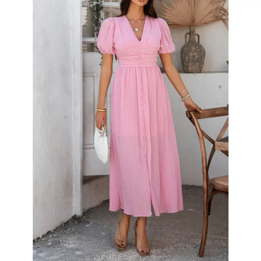 V-Neck Puff Short Sleeve Midi Dress