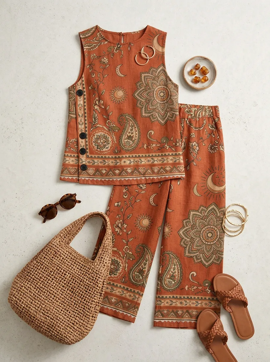Women's Bohemian Moon Paisley Printed Sleeveless Set