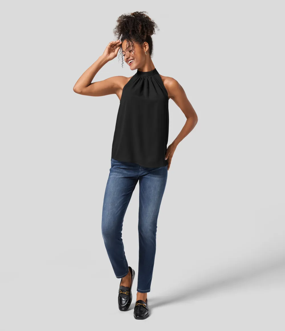 Keyhole Back Halter Plicated Sleeveless Curved Hem Work Blouse