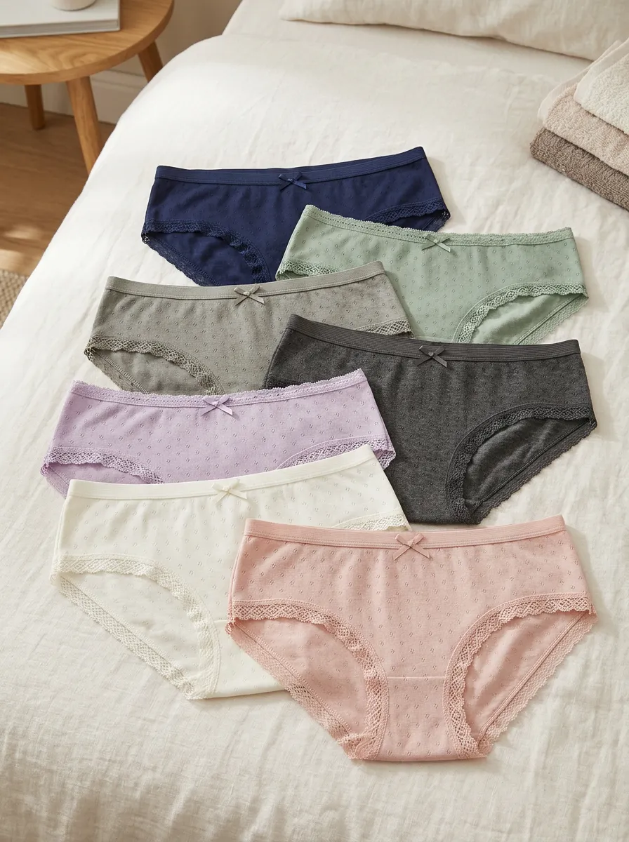 Women's Swiss Dot Bowknot Lace Trim Printed Panties Set