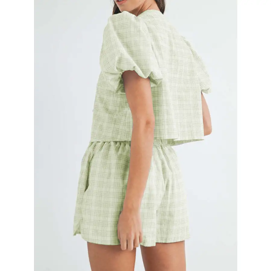 V Neck Puff Sleeve Top and Shorts Set