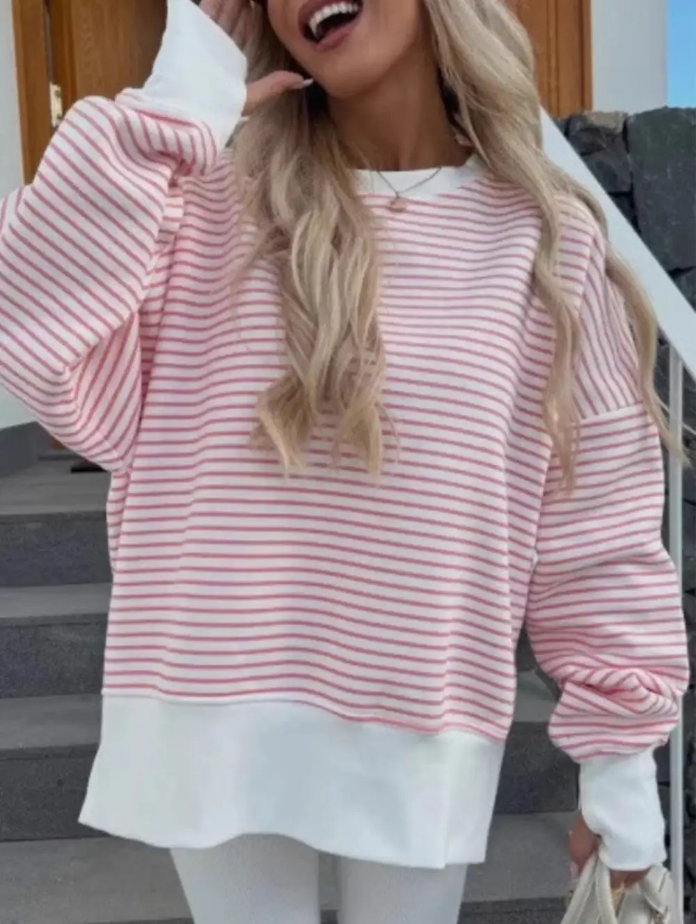 Crew Neck Striped Pullover Sweatshirt