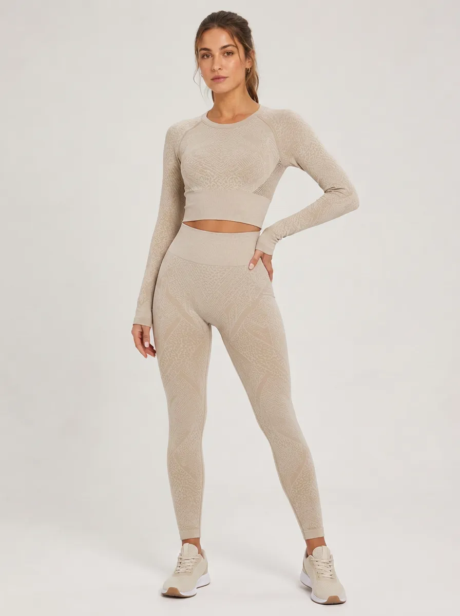 Women's Fitness Gym Lover Beige Geometric Printed Workout Set