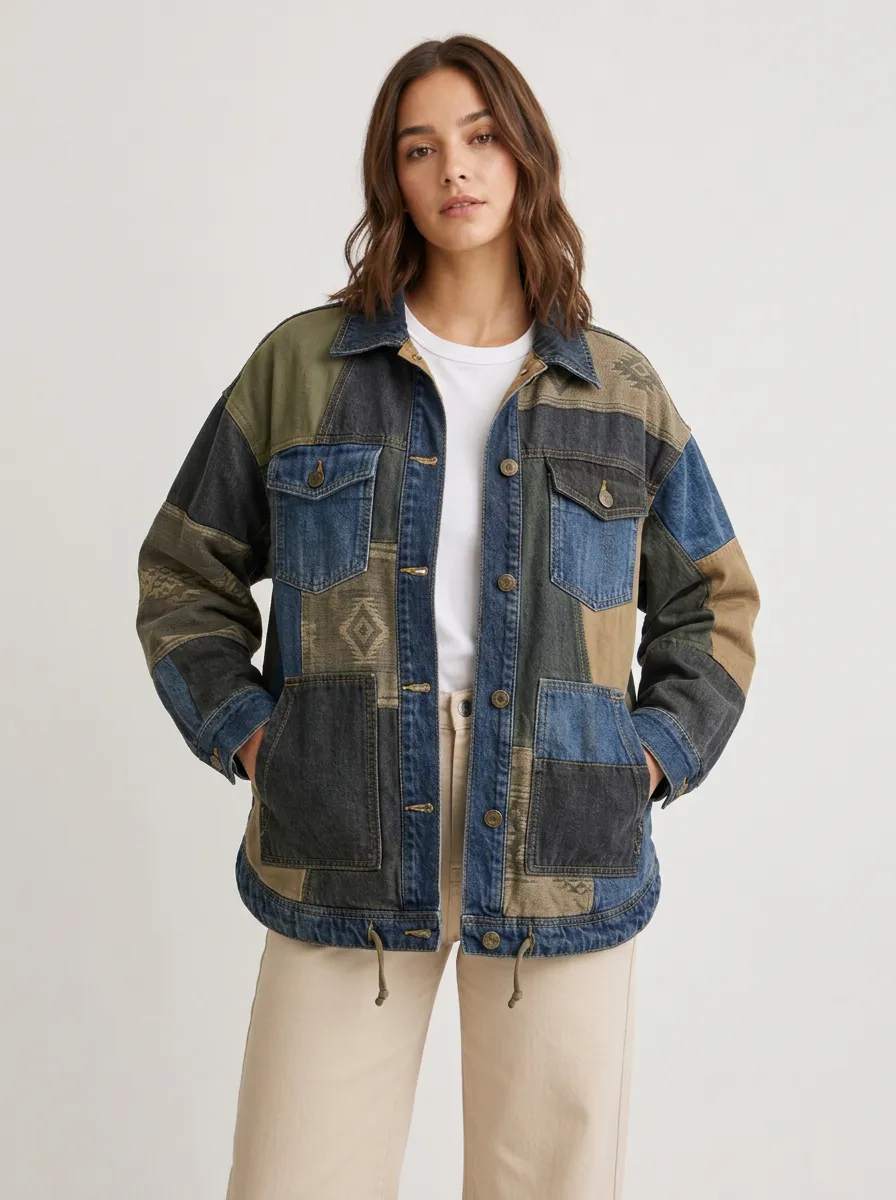 Women's Boho Geometric Patchwork Boxy-Fit Utility Jacket