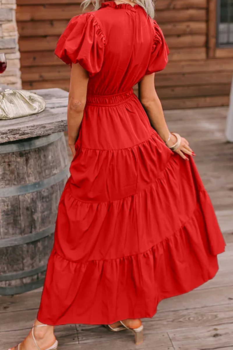 Neck Puff Sleeve High Neck Maxi Dress